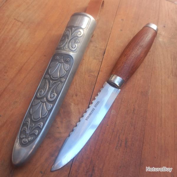 Joli Couteau PUUKKO Norv�gien PEWTER HAUGRUD Manche en Bois avec Fourreau Cuir et M�tal