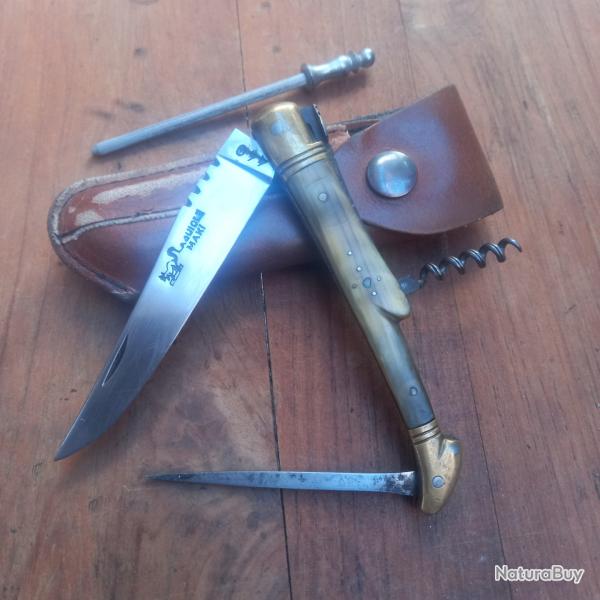 Ancien Couteau LAGUIOLE MAKI Manche en Corne avec Tire Bouchon tui en cuir + Aiguiseur