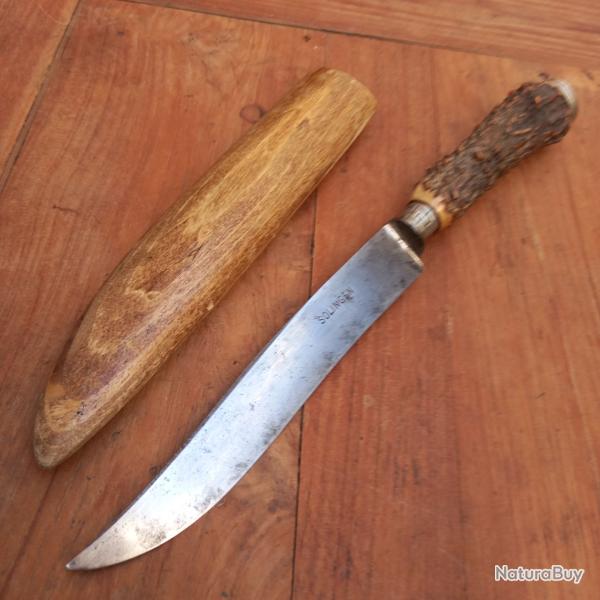 Ancien Grand Couteau Allemand SOLIGEN Manche en Bois de Cerf avec Fourreau en Bois