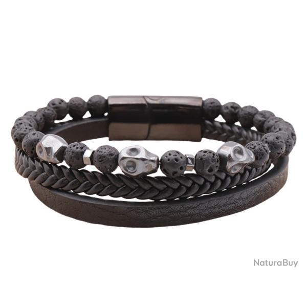 Bracelet Homme Cuir Noir V�ritable - Pierre Naturelle de Lave + Breloque - Grade A - Stock France