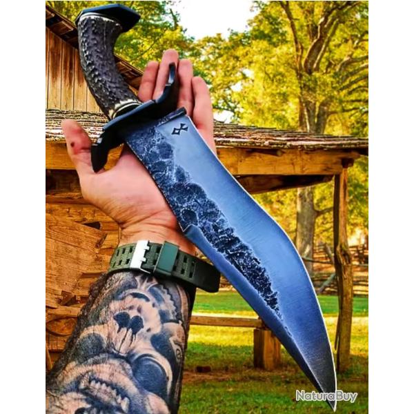 Grand couteau de chasse - Forg  la main acier 1095 - bois de Cerf (2)