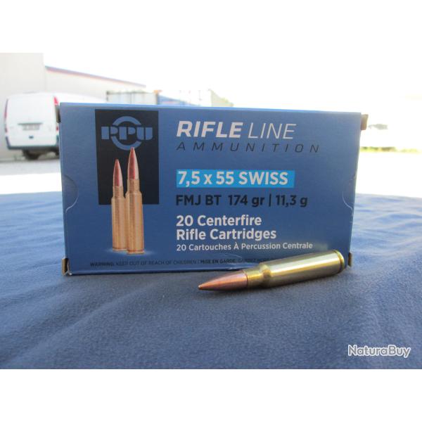 20 Cartouches en 7.5x55 suisse FMJ BT 174 gr/11.3g de chez PPU