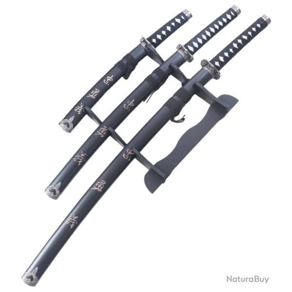 Set 3 Katanas en Bois Katana Wakizashi Tanto Epee Sabre Katana Japonais Katana Samourai + Presentoir