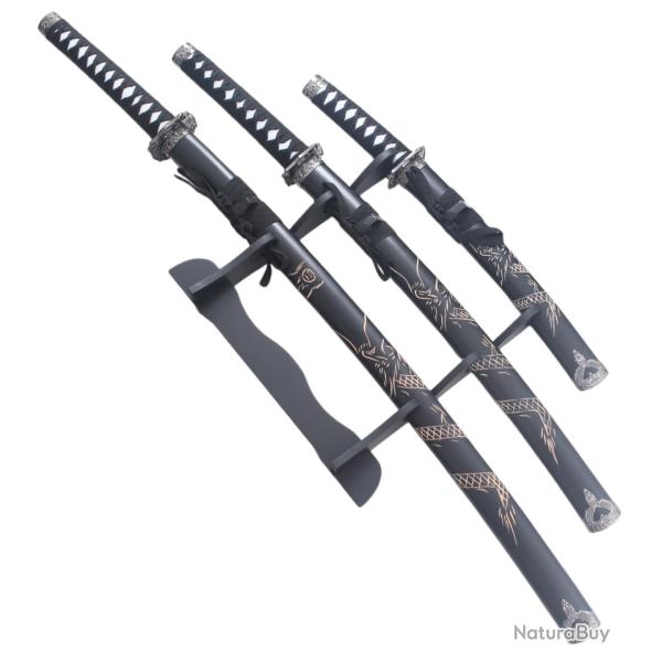 Set 3 Katanas en Bois Katana Wakizashi Tanto Epee Sabre Katana Japonais Katana Dragon Black Edition