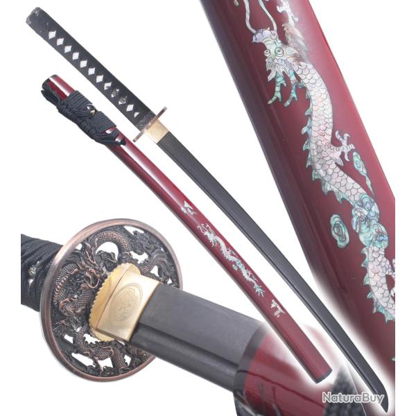 Danzan Katana en Bois Dragon Rouge Epee Sabre Katana Samourai Lame Noire Repliksword