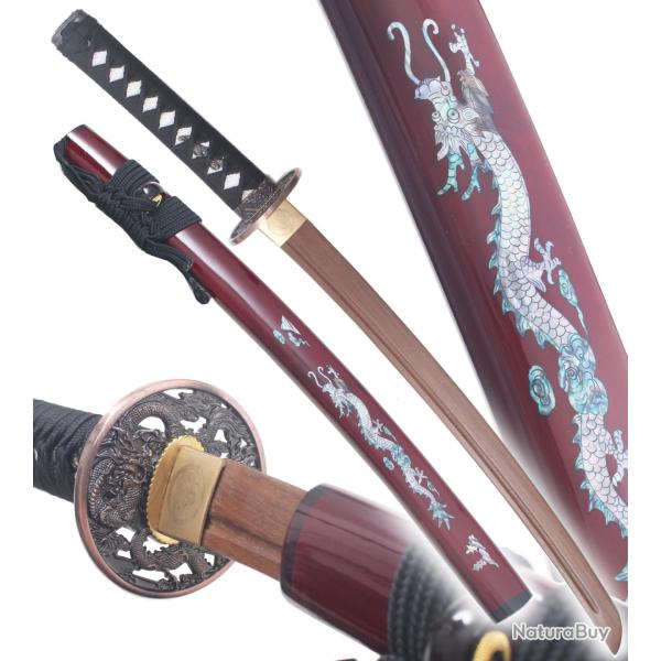 Danzan Wakizashi Dragon Rouge Sabre en Bois Epee Entrainement Wakizashi Japonais - Lame Bois Wenge R