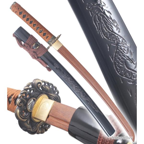 Danzan Wakizashi Dragon Epee en Bois Sabre Entrainement Wakizashi Japonais - Lame Bois Wenge Repliks