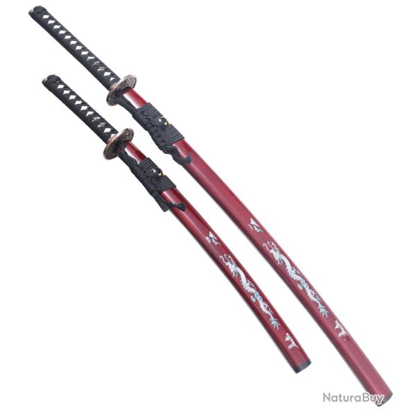 Pack Danzan Katana et Wakizashi en Bois Katana Japonais Sabre Epee Katana Dragon Rouge Repliksword