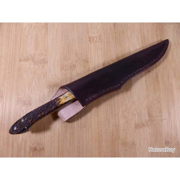 Couteau chasse SAM COX USA avec �tui cuir Bois Cervid� Parfait Etat JAMAIS SERVI