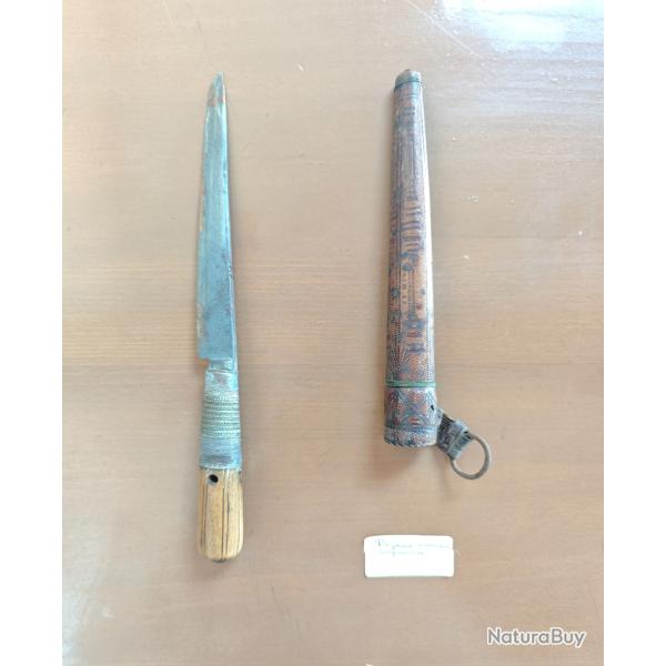 Couteau Bou-Sa�di Alg�rien Berb�re Vintage - Poignard Oasis 16 cm Lame + Fourreau Cuir Tress� Laiton