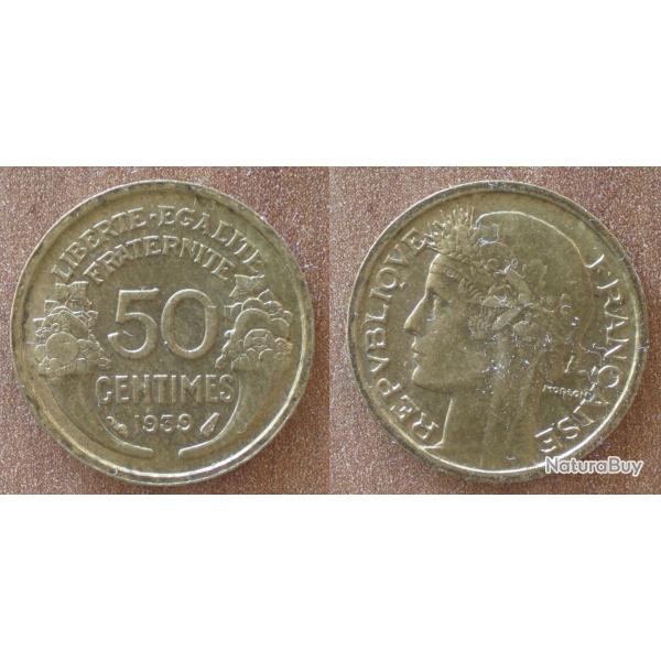 France 50 Centimes 1939 Piece Morlon Centime de Franc Francs