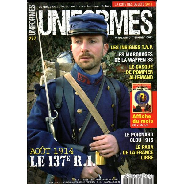 revue uniformes 277, poignard clou 1915, para france libre , 137e R.I., insignes tap, pompiers,