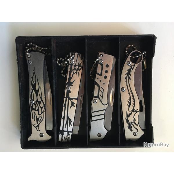 4 PETITS COUTEAUX PLIANTS DE POCHE LAME ACIER 6,5 CM MANCHE ACIER GRAV 8 CM CANIF