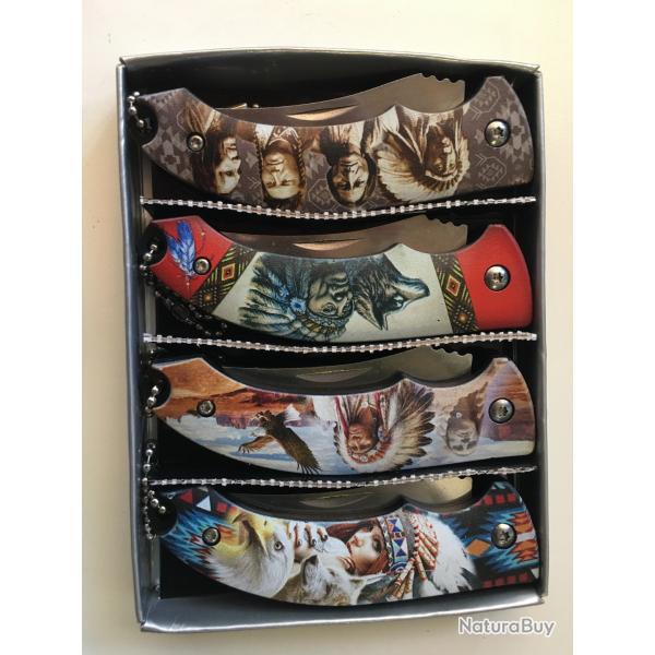 4 PETITS COUTEAUX APACHES PLIANTS DE POCHE LAME ACIER 7 CM MANCHE RESINE 9 CM CANIF LANIERE