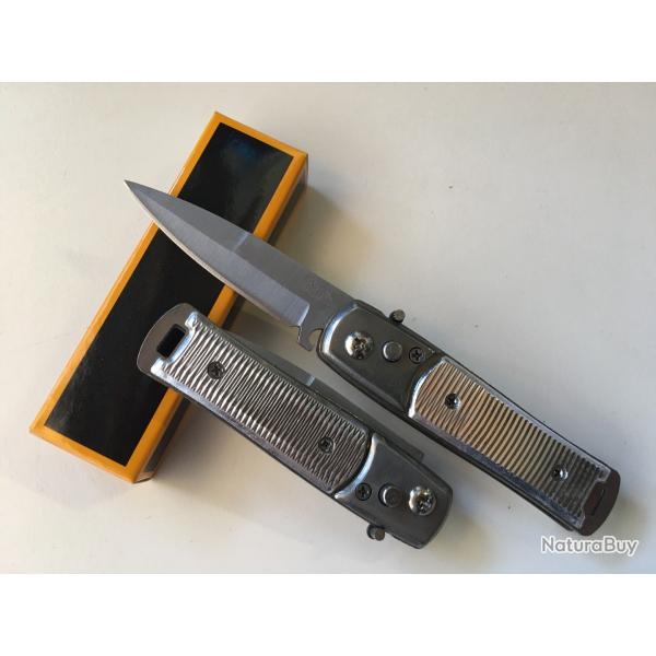 Petit Couteau Automatique Lame Acier Fine Droite 6,5 Cm Manche Alu 9 Cm Chasse Pche Bivouac