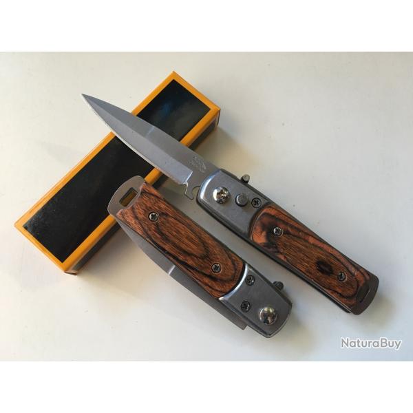 Petit Couteau Automatique Lame Acier Fine Droite 6,5 Cm Manche Bois 9 Cm Chasse Pche Bivouac