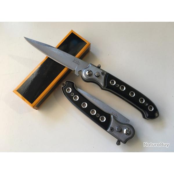 Petit Couteau Automatique Lame Acier Fine 8 Cm Manche En Acier / Trous 9,5 Cm Chasse P�che Bivouac