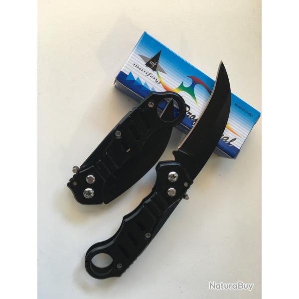 Petit Couteau Automatique Lame Courb�e 7,5 Cm Manche Acier Anneau 9,5 Cm Chasse P�che Bivouac