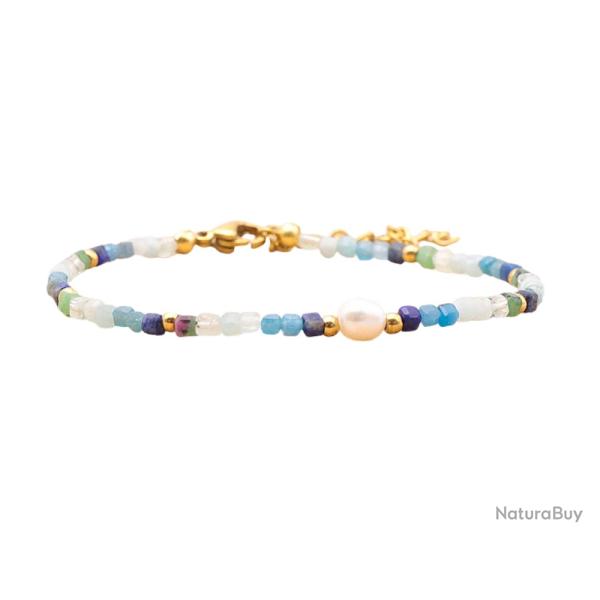 Bracelet Femme Perles d'Eau Douce, Lapis Lazuli, Apatite Bleue, Rubis Zoisite & �meraude - Grade A