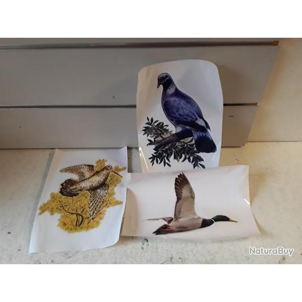 10197 LOT DE 3 AUTOCOLLANTS A4 COLVERT/ BECASSE/ PALOMBE NEUF TOP PRODUIT