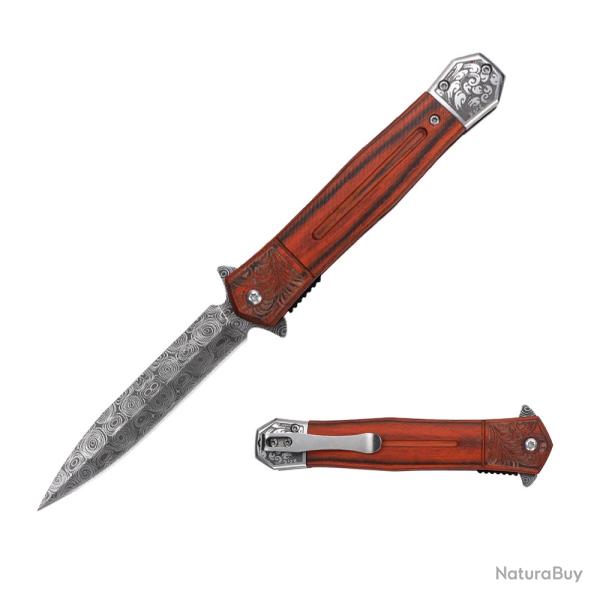 Couteau TAC FORCE Lame Acier 3Cr13MoV Imit Damas Manche Bois & Acier  Liner Lock TF2016DG