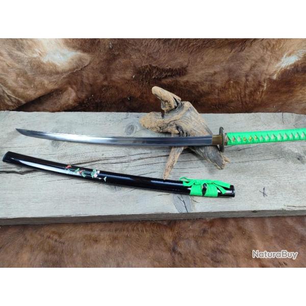 KATANA VRITABLE SABRE FORG A LA MAIN EN ACIER 1095 AIGUISE GALUCHAT NATUREL VERT