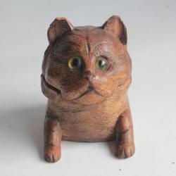 Encrier Tête Chat bois sculpté Art populaire Suisse Forêt Noire