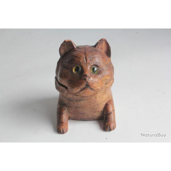 Encrier Tte Chat bois sculpt Art populaire Suisse Fort Noire