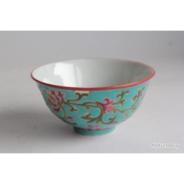Bol porcelaine turquoise Fleurs Guangxu Chine