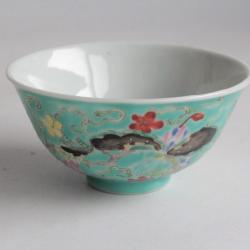 Bol porcelaine turquoise Papillons Fleurs Chine