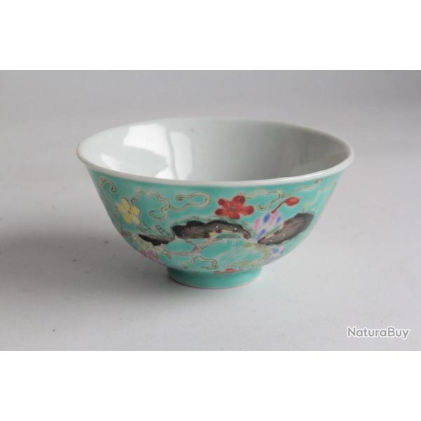 Bol porcelaine turquoise Papillons Fleurs Chine