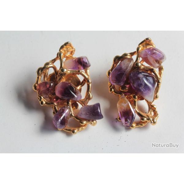 Clips d'oreilles amthystes design brutaliste