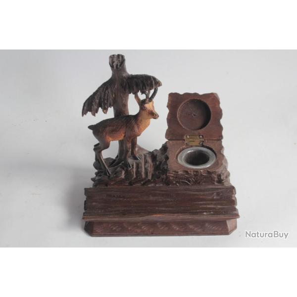 Encrier bois sculpt Chamois Art populaire Suisse Fort Noire