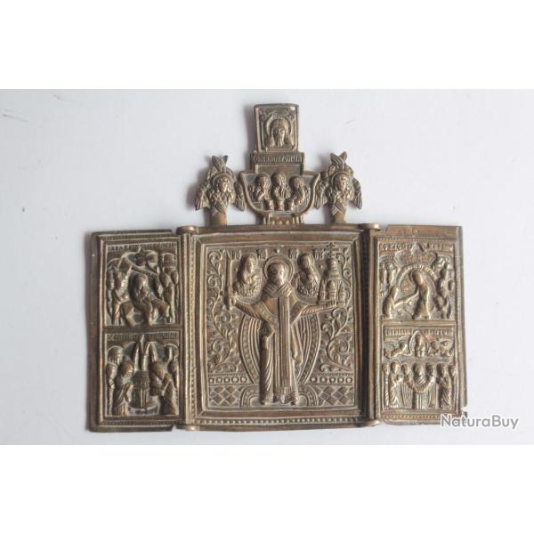 Icne triptyque bronze Saint Nicolas de Mozajsk Russie XIXe sicle