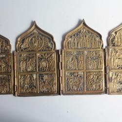 Icône quadriptyque bronze émaillé 12 Grandes fêtes Russie XIXe siècle
