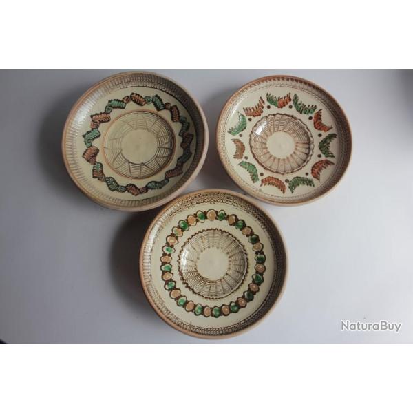 3 Assiettes terre cuite Art traditionnel roumain Horezu