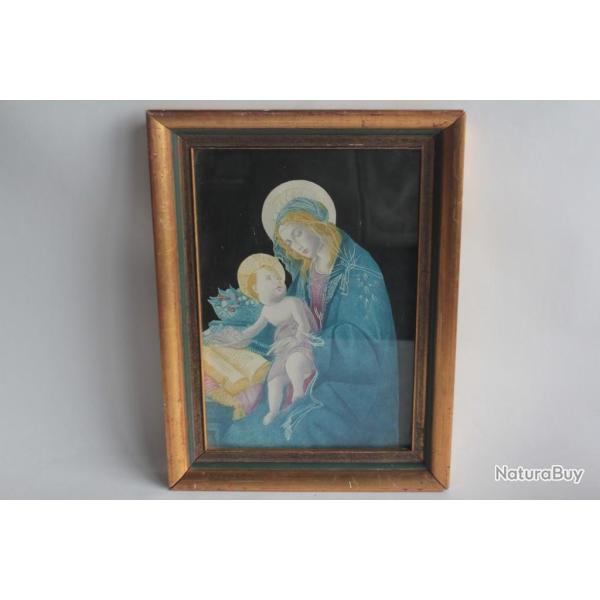 Icne dessin original rehauss vierge  l'enfant XIXe