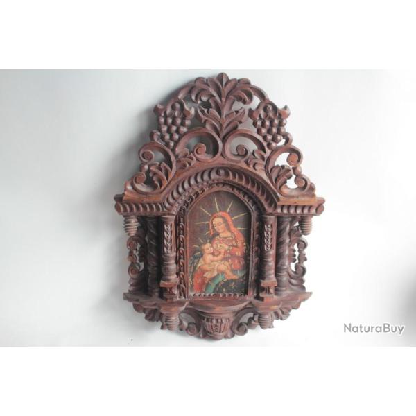 Ancien Retable bois sculpt Vierge  l'enfant Amrique latine