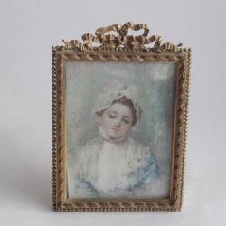Peinture miniature Portrait Femme Julia Bidault d'après Greuze