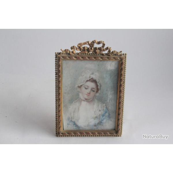Peinture miniature Portrait Femme Julia Bidault d'aprs Greuze