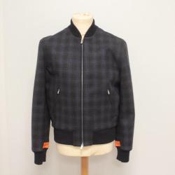 HERMES Blouson bomber laine Carreaux bleu marine Homme T48