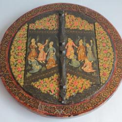 Ancien Miroir rond bois et papier m&acirc;ch&eacute; Qajar Perse