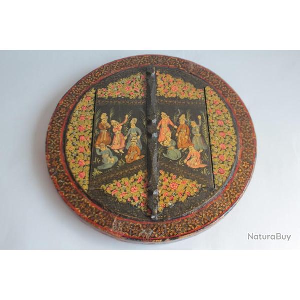 Ancien Miroir rond bois et papier m�ch� Qajar Perse