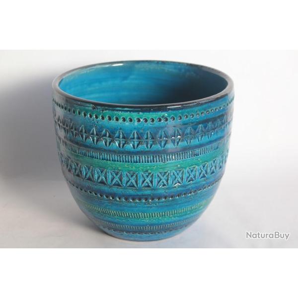 Cache pot c�ramique bleu Aldo LONDI pour Bitossi Blue Rimini Italie