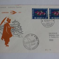 Enveloppe Suisse Suissair Zurich Tokyo timbre comm&eacute;moratifs paire 1961