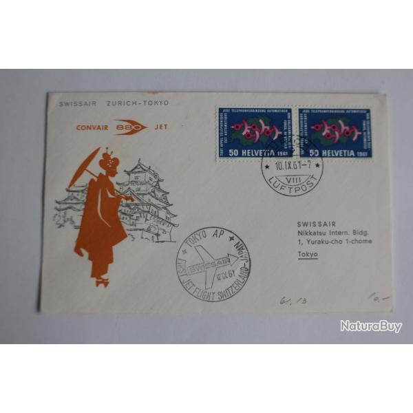 Enveloppe Suisse Suissair Zurich Tokyo timbre comm�moratifs paire 1961