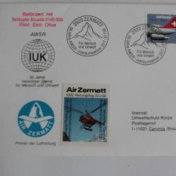 Enveloppe Suisse swissair air Zermatt + vignette 1982