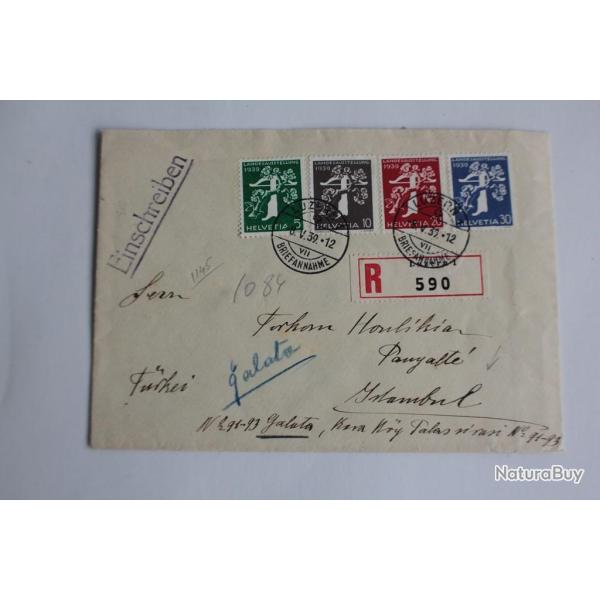 Enveloppe Suisse recommand� pour Istanbul 1940 + vignette Luzern 1939