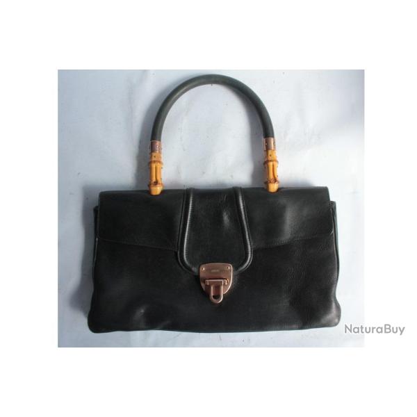 GUCCI Sac � main vintage Bambou cuir noir Bamboo Bag