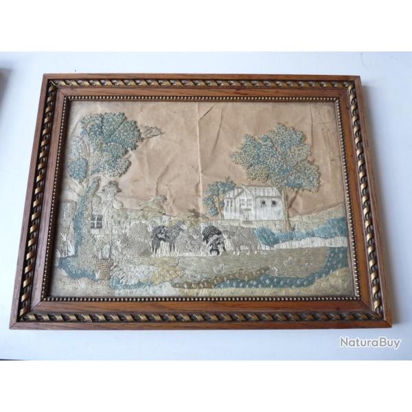 Tableau soie brode XIXe sicle Art populaire Broderie